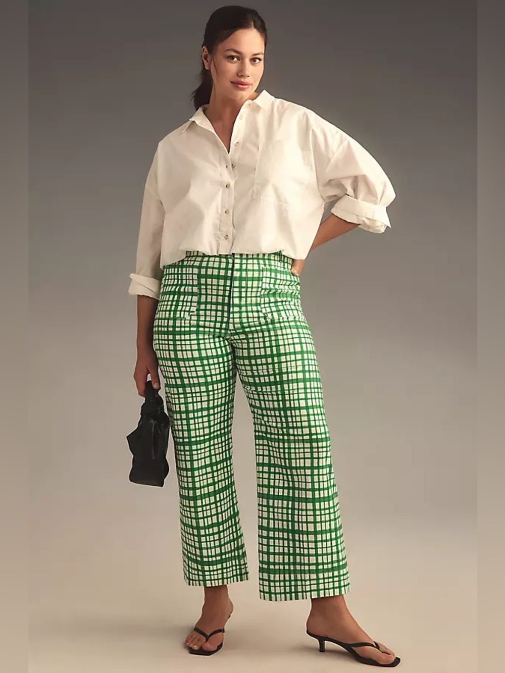 Maeve Colette High-Waist Wide-Leg Pants in Plaid Green and White size 34